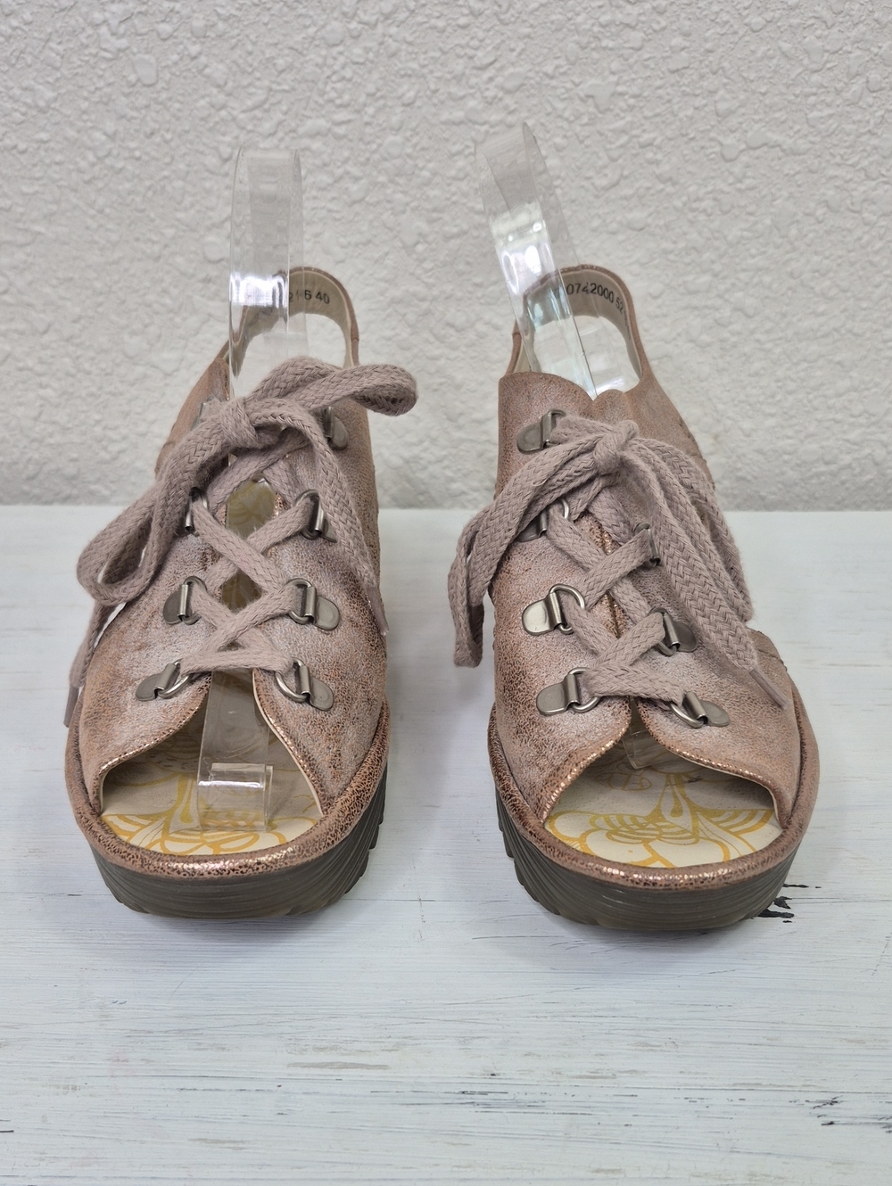 Fly London Ylfa Leather Lace Up Wedge Sandles Size 40/ US 9-9.5 Metallic